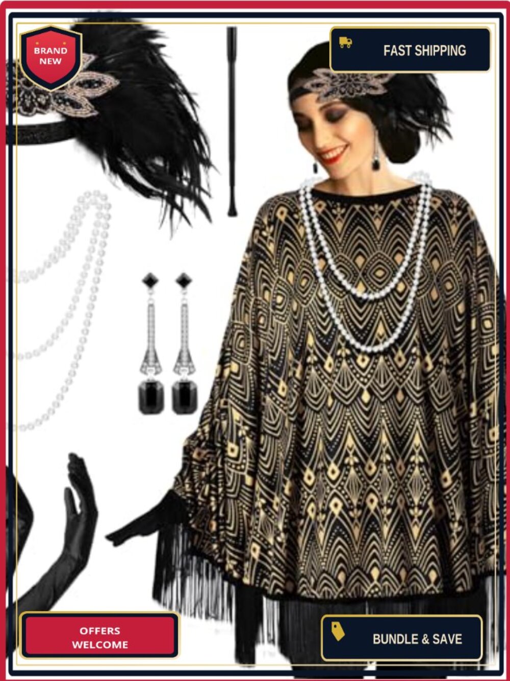 1920s Flapper Costume Accessory Set Poncho Gloves Headband